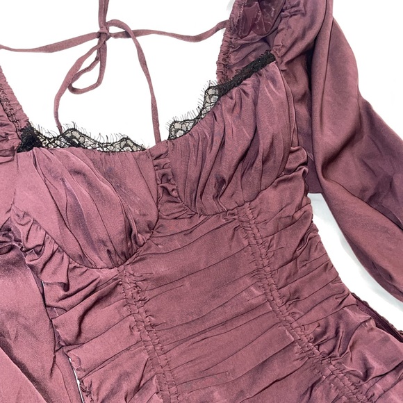 Lace Trimmed Ruched Mini Dress - Eggplant - Picture 8 of 12